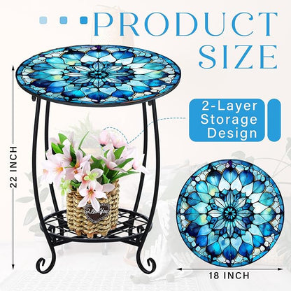 Cinnvoice Outdoor Side Table Round Small Mosaic Patio Accent Indoor End Plant Coffee Tea Table for Yard Patio Porch Garden Living Room, Bedroom(Mandala Style2,18 Inch)