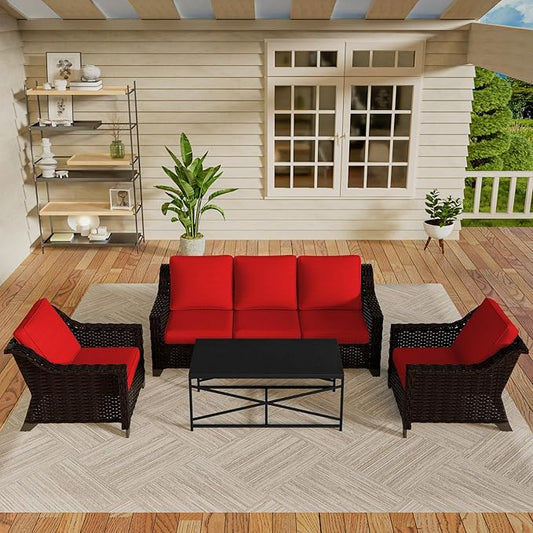 Vista Vibe 4 Pieces Outdoor Patio Conversation Furniture Set - 78" 3-seat Sofa | 2 Chairs | Metal Coffee Table, Deep Seat Loveseat, Removable Cushions, PE Rattan Couch, Lawn (Brown/Red)