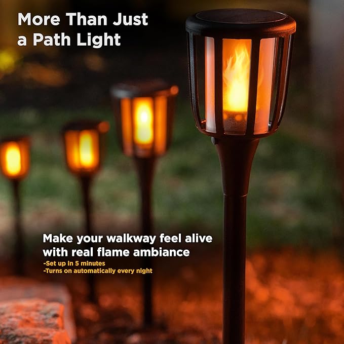 Solar Landscape Lights Rustic - Realistic Flickering Flame Patented LED, Adjustable Height, Pathway Lights Solar Powered Torch with Poles for Outdoor Landscape, Garden, Yard, and Patio Decor (4 Pack)