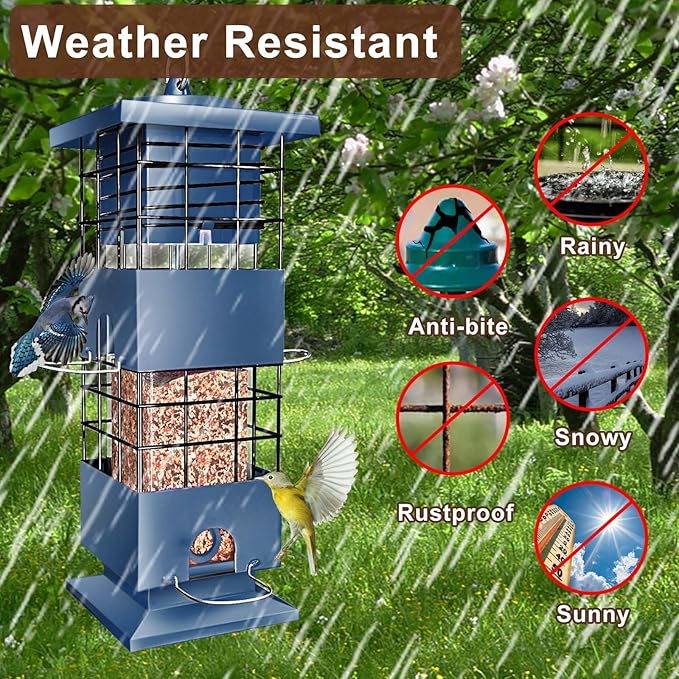 Bird Feeder Squirrel Proof, Metal Anti-Squirrel for Outdoors Hanging, 3LBS Wild Birdseed Feeders for Cardinal Blue Jay Outside (Blue)
