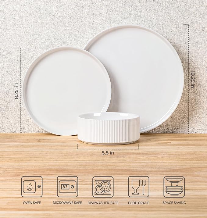 TheTerra Ceramic Dinnerware Set for 4, 12-Piece Plates and Bowls Set | Lightweight Porcelain Dish Set, Scratch Resistant, Oven & Microwave & Dishwasher Safe, Bright White