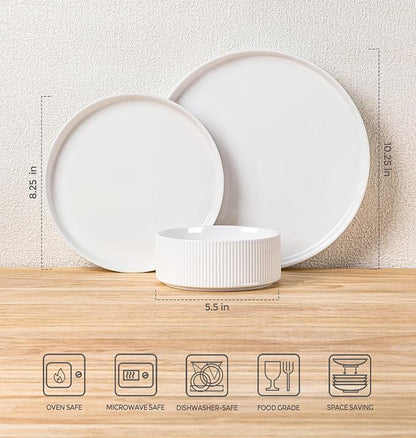 TheTerra Ceramic Dinnerware Set for 4, 12-Piece Plates and Bowls Set | Lightweight Porcelain Dish Set, Scratch Resistant, Oven & Microwave & Dishwasher Safe, Bright White