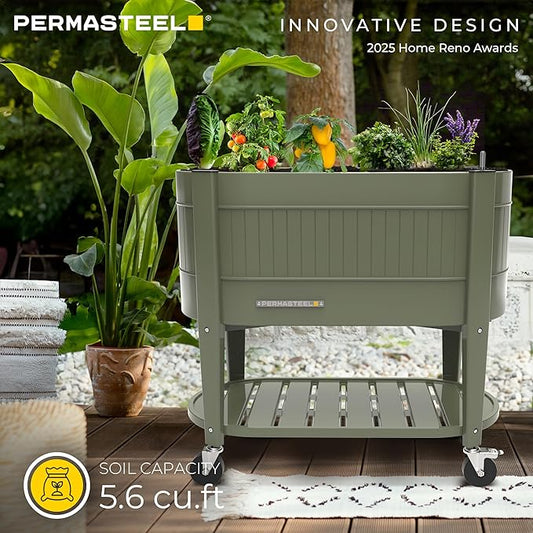 Permasteel Raised Garden Bed with Legs, 40×20×37 in, Planter Box with EnGrow™ TrueSoil™ Technology for Vegetables, Flowers, Herbs, and Fruit, Outdoor Indoor, Storage Shelf, Green