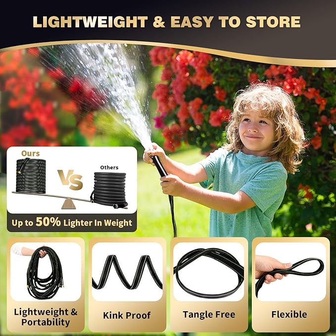 Garden Hose 25 ft Water Hose Flexible Heavy Duty Outdoor Lightweight No Kink Long Non-Expandable High Pressure Flat Hoses Pipe 100’ Strong 3/4’’ Brass Fitting for Outside Yard Lawn Car Wash