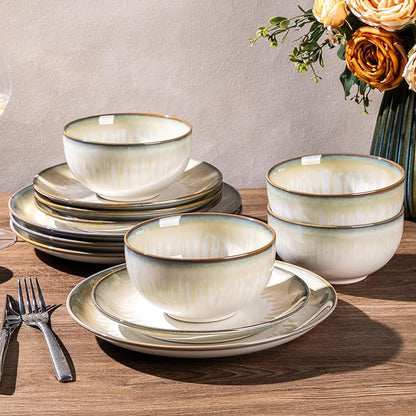 LERATIO Ceramic Dinnerware Sets for 4,Reactive Glaze Plates and Bowls Set with Mugs, Dishwasher,Microwave & Oven Safe Dishes set-Sage Ivory