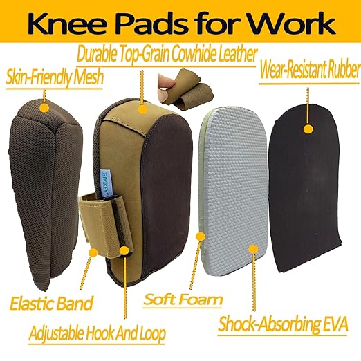 Knee Pads for Work | Made of Genuine Leather and Durable Rubber with Thick Foam Cushion and Adjustable Straps | Floor-Safe Anti-Slip Kneepads for Construction and Mechanical Repair Work Brown