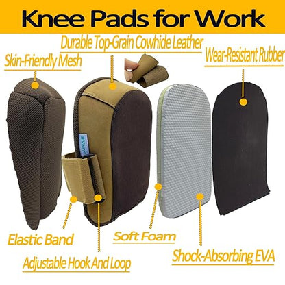 Knee Pads for Work | Made of Genuine Leather and Durable Rubber with Thick Foam Cushion and Adjustable Straps | Floor-Safe Anti-Slip Kneepads for Construction and Mechanical Repair Work Brown