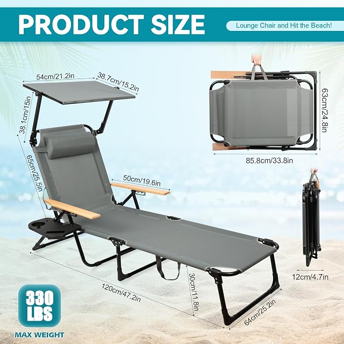 Beach Lounge Chair with Sun Shade, Folding Outdoor Chaise Lounge Chair with Arms, 4-Position Backrest, Extended Sun Tanning Chair Pillow & Cup Holder, Patio Lounger for Outside for Beach Pool(Gray-U)