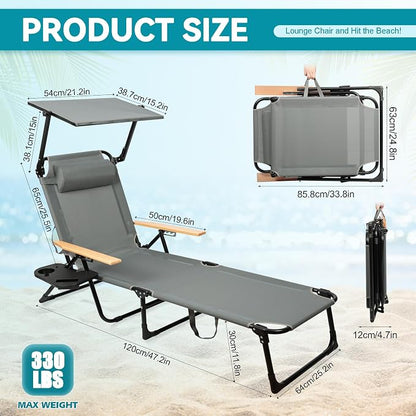 Beach Lounge Chair with Sun Shade, Folding Outdoor Chaise Lounge Chair with Arms, 4-Position Backrest, Extended Sun Tanning Chair Pillow & Cup Holder, Patio Lounger for Outside for Beach Pool(Gray-U)