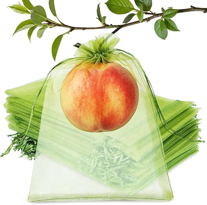 GliSun 100Pcs Fruit Protection Bags 6x9 Inch, Green Mesh Netting Cover with Drawstring Pest Barrier for Grapes Tomato Strawberry Blueberry - Garden Supplies for Vegetables & Fruit Trees