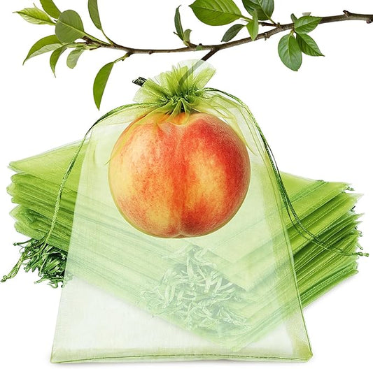 GliSun 100Pcs Fruit Protection Bags 6x9 Inch, Green Mesh Netting Cover with Drawstring Pest Barrier for Grapes Tomato Strawberry Blueberry - Garden Supplies for Vegetables & Fruit Trees