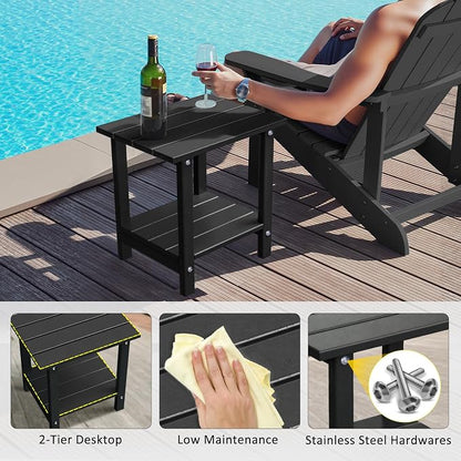 Adirondack Outdoor Side Table, 16.6" Small Patio End Table, 2-Tier HDPE Plastic Table for Poolside Porch Garden, Weather Resistant & Easy Assembly (Black, Rectangle)