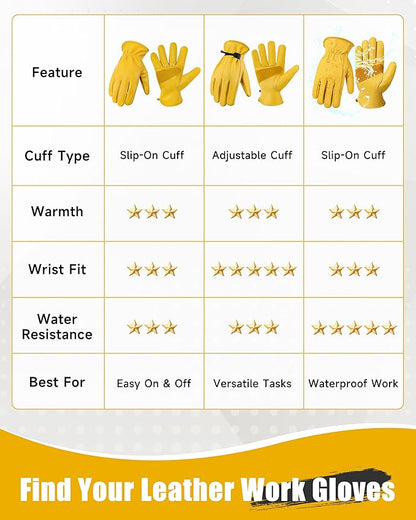 DULFINE Cowhide Leather Work Gloves for Men & Women, Reinforced Durable Gardening Gloves, Puncture & Cut Resistant