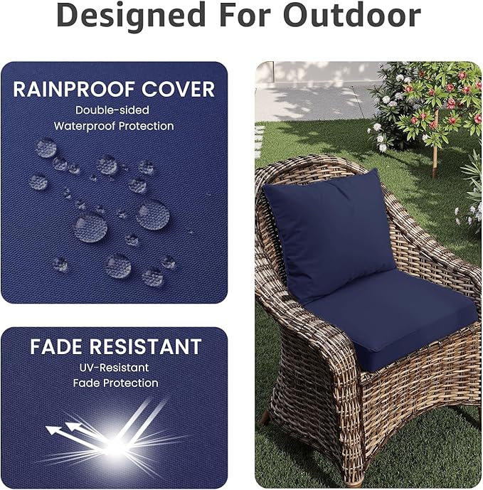 PatioGlow Outdoor Seat Cushion Set 22 x 22 x 4 Inch, Waterproof & Fade Resistant Patio Furniture Cushions with Removable Cover and Ties, Thick Deep Seating Pads for Outside Chair Sofa Couch, Dark Blue