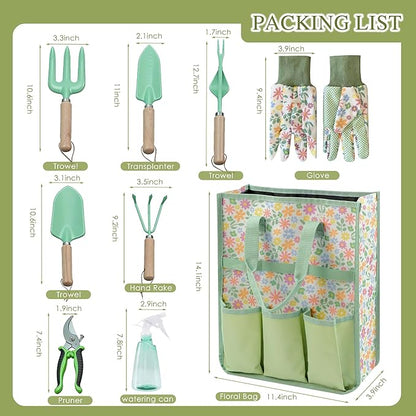 Gardening Tools 9-Piece Heavy Duty Gardening Hand Tools Set (Green), Stainless Steels and Reinforced Garden Supplies Kit, Durable Garden Tools Organizer Handbag, Ideal Garden Gifts for Women