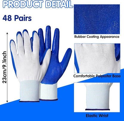 48 Pairs Gardening Gloves for Men and Women, Breathable Rubber Coated Safety Work Gloves Bulk for Construction, Yard, Garden, Lawn, Outdoor (Black & Blue)