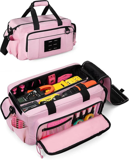 Tactical Tool Bag for Women, 16 Inches Tool Storage Organizer Box with Wide Mouth, Large Toolbag Toolbox with Handle, Pink (Empty Bag Only)