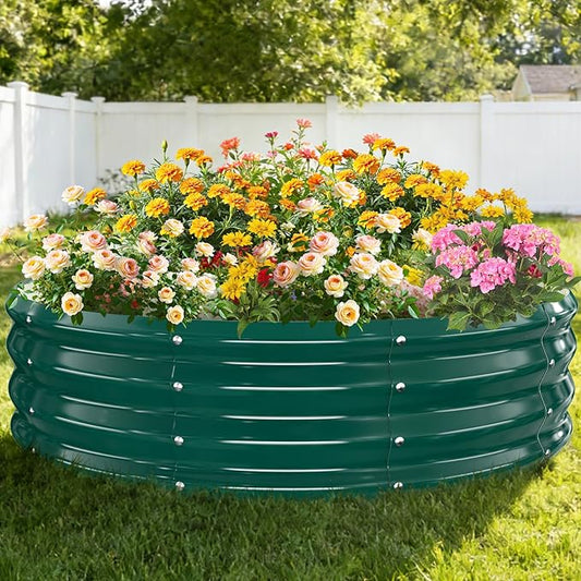 12 Inch Tall Heavy-Duty Round Steel Rised Garden Bed – Wave-Shaped Design Galvanized Metal Planter Box for Vegetables Flowers Succulent at Patio/Garden Outdoor (Green, 48" Diameter)