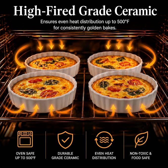 6oz Creme Brulee Ramekins Set of 4 - Ceramic Baking Dishes, Non-Stick Porcelain Pie Dish, Wave Round Baking Dish for Dessert, Pie, Tart, Souffles, Appetizers, Oven and Dishwasher Safe