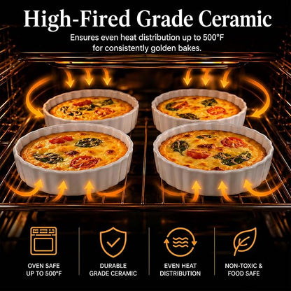 6oz Creme Brulee Ramekins Set of 4 - Ceramic Baking Dishes, Non-Stick Porcelain Pie Dish, Wave Round Baking Dish for Dessert, Pie, Tart, Souffles, Appetizers, Oven and Dishwasher Safe