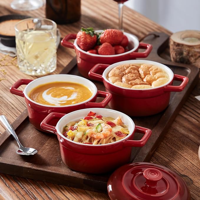 Lareina Mini Cocotte - 12oz Ceramic Casserole Dishes - Kitchen Casserole Sets With Handles And Lid - Small Baking Ramekins - Oven, Microwave & Dishwasher Safe - Set of 4 - Red | Small casserole ramekins with handles, oven, microwave & dishwasher safe. ...