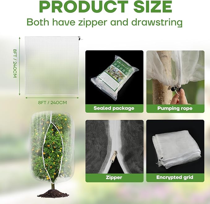 8FT x 8FT Fruit Tree Netting with Zipper and Drawcord, 2Pcs Garden Plant Net Pest Barrier Bag, Insect Bird Mesh Netting Cover for Protect Vegetables Flower Blueberry
