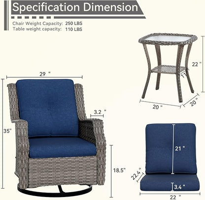 Outdoor Swivel Rocker Patio Chair with Matching Side Table - 360 Degree Patio Swivel Glider Chair with 3.5" Olefin Cushions(Mixed Grey/Blue)