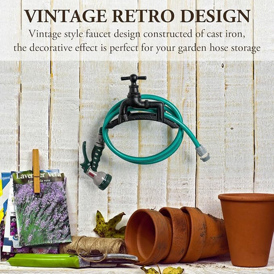 MyGift Brown Heavy Duty Cast Iron Outdoor Garden Hose Hanger Wall Mounted Water Hose Holder Reel with Vintage Scrollwork Design (Spigot Design)