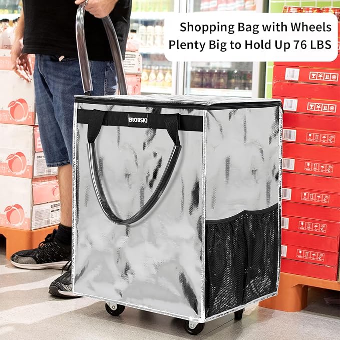 (Large,Silver)Reusable Grocery Bag on Wheels, Foldable Rolling Tote, Carries Up to 76 lbs Shopping Trolley, Zipper Clouser Shopping Carts for Trips, Laundry, 5 Heavy Duty Wheels and 3 Handles