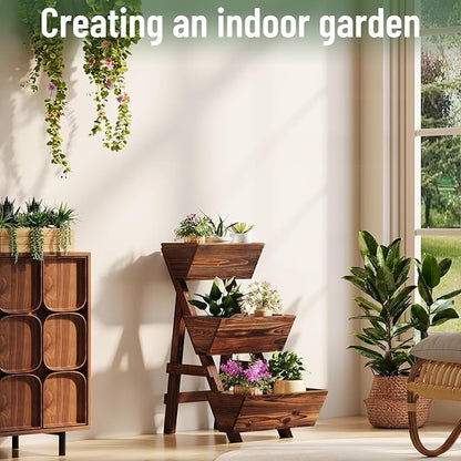 Vertical Wooden Raised Garden Bed, Garden Planters Freestanding Wood Plant Stand Flower Rack Wooden Planter Box for Plants Herbs Flowers Vegetables Outdoor Indoor Gardening (3-Tier Small Carbonized)
