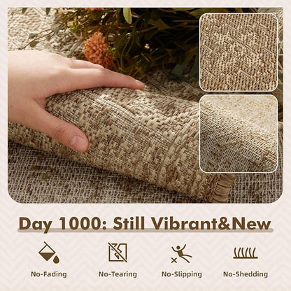 MontVoo-Outdoor Rug-Patio Rug 9x12 ft Polypropylene Indoor Outdoor Rugs Carpet for Patio Deck Balcony Porch, Textured Weave, Durable for High Traffic, Fade-Resistant, Vintage Medallion Neutral Brown