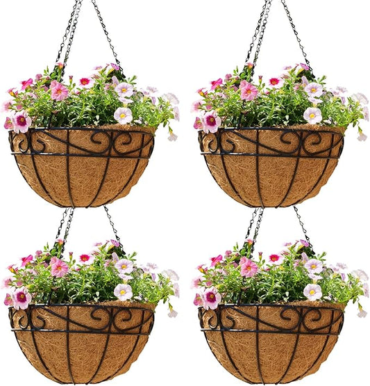 10 inch Metal Hanging Baskets For Plants Outdoor 4 Pack Round Metal Wire Hanging Basket Planter with Coco Fiber Liners Chain Round Wire Plant Holder for Garden, Patio, Deck, Porch Plants Flower Potsss