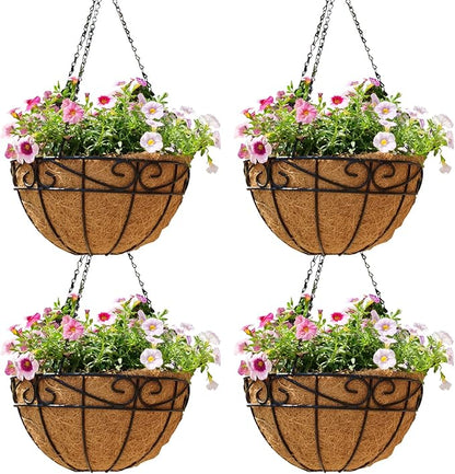 12 inch Metal Hanging Baskets For Plants Outdoor 4 Pack Round Metal Wire Hanging Basket Planter with Coco Fiber Liners Chain Round Wire Plant Holder for Garden, Patio, Deck, Porch Plants Flower Potss