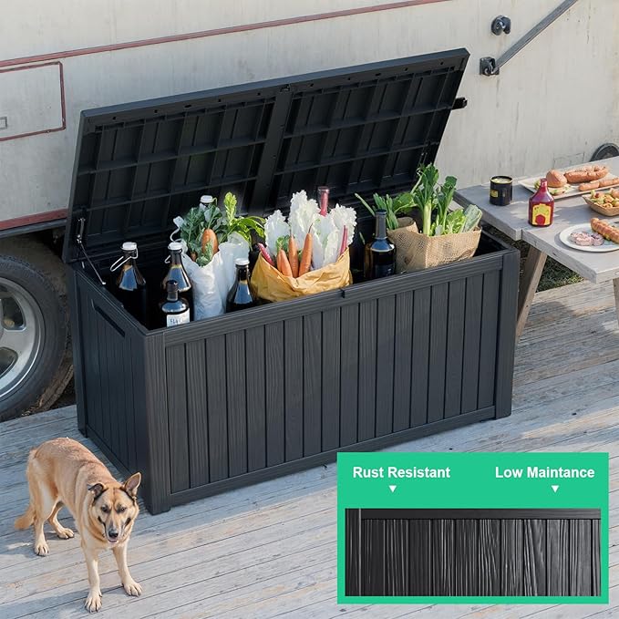 180 Gallon Deck Box, Waterproof Resin Outdoor Storage Box Lockable for Patio Furniture, Fade Resistant Patio Side Table & Organizer for Garden Tools, Pool Floats, Outdoor Cushions, Black