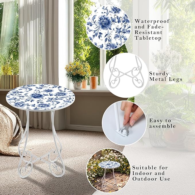 Cinnvoice 14 Inch Outdoor Side Table Round Small Patio Accent Weather Resistant Metal Elegant Indoor End Plant Coffee Tea Table for Yard Patio Outdoor Porch Garden Living Room(Blue Floral)