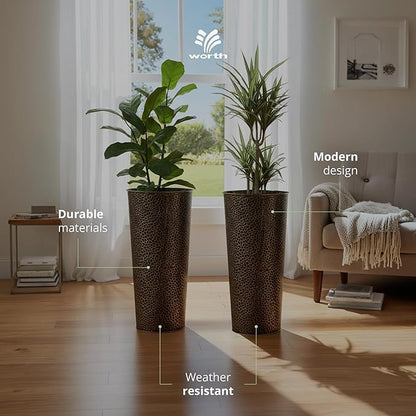 Worth 2 Pack 25" Tall Narrow Metal Planter with Inside Pot for Indoors or Outdoors, Deck, Patio or Front Porch, Hand-Hammered Texture, Bronze