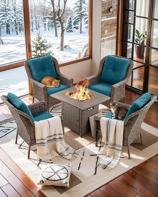 Outdoor Patio Chairs with Fire Pit Table 5 Piece Set - High Back Brown Wicker Rattan Lawn Chair with Thick Cushion for Porch Apartment Deck Yard Poolside Garden - Peacock Blue