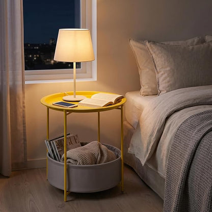 VECELO Round Side/End Table with Fabric Storage Basket，Metal Anti-Rust and Waterproof Small Bedside Nightstand with Removable Tray Top for Living Room，Balcony & Laundry，Yellow /2pcs with Basket