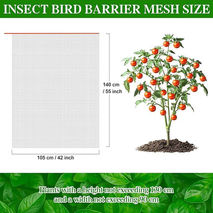 Insect Bird Barrier Mesh, Garden Netting Barrier, Bird Netting, Netting for Plant with Drawstring, 3.5 x 4.6 FT Tomato Protective Cover, Large Potted Fruit Protectors Cover for Blueberry Bushes