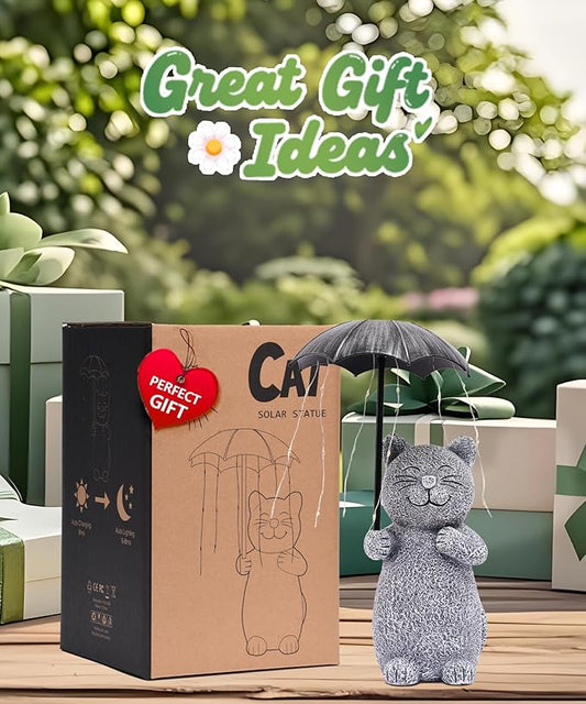 Nacome Solar Cat Garden Statues Outdoor Decor: Holding Umbrella with String Lights Patio Yard Lawn Outside Decorations - Birthday Gifts for Mom Grandma Women Sister(Grey)