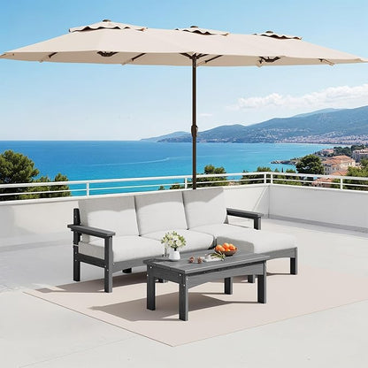 SERWALL 5-Piece Patio Sofas with 15FT Double Side Patio Umbrella, All-Weather HDPE Outdoor Sectional Sofa, Large Modular Patio Conversation Set for Garden, Deck, Porch, Grey Frame with Khaki Cushion