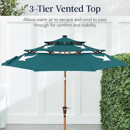 Best Choice Products 10ft 3-Tier Solar Patio Market Umbrella, Outdoor Sun Shade for Backyard, Deck, Poolside, Table w/Woodgrain Pattern, LED Lights, Tilt Adjustment - Cerulean