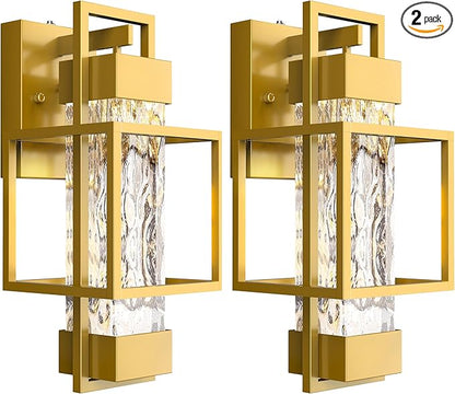 PARTPHONER Modern Outdoor Light Fixtures Dusk to Dawn Outdoor Lighting 2 Pack, 15" Exterior Wall Sconce Waterproof Outside Porch Light for House with Water Glass Black Brushed Gold