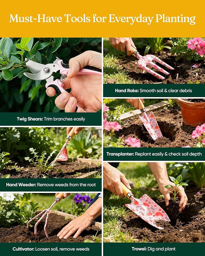 12-Piece Womens Gardening Tools Gift Set, Rust-Proof & Heavy-Duty Garden Tools with Durable Carrying Case, Fashionable & Thoughtful Gardening Gifts for Women&Men (Pink)