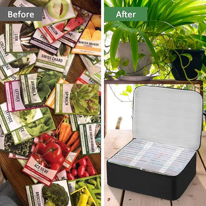 26 Slots Seed Storage Organizer Box with Insulated Bag That Holds 80-200 Seed Envelopes, Oxford Cloth Garden Seed Containers with Labels, Seed Packet Organizer for Plant, Flower ,Vegetable Seeds