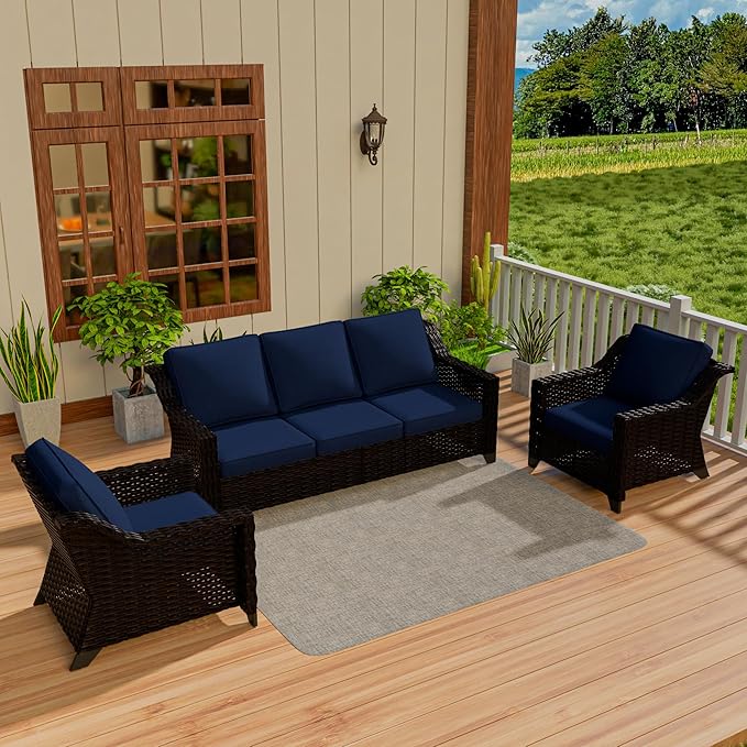 VistaVibe 3 Pieces Outdoor Patio Conversation Furniture Set - 78" 3-seat Sofa | 2 Wicker Chairs, Deep Seat Loveseat, Removable Cushions, Hand-Woven PE Rattan Couch, Balcony (Brown/Navy)