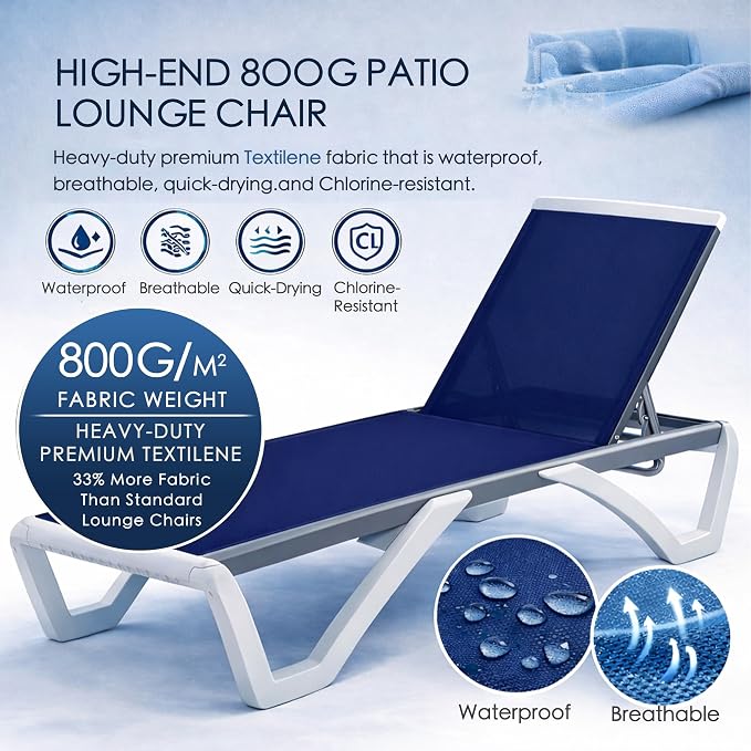 Kozyard Outdoor Chaise Lounge Chair Set, Fully Flat Adjustable Patio Lounger with Aluminum Frame & Resin Legs, Textilene Fabric for Poolside, Backyard & Beach (Navy Blue, Chair +Table)
