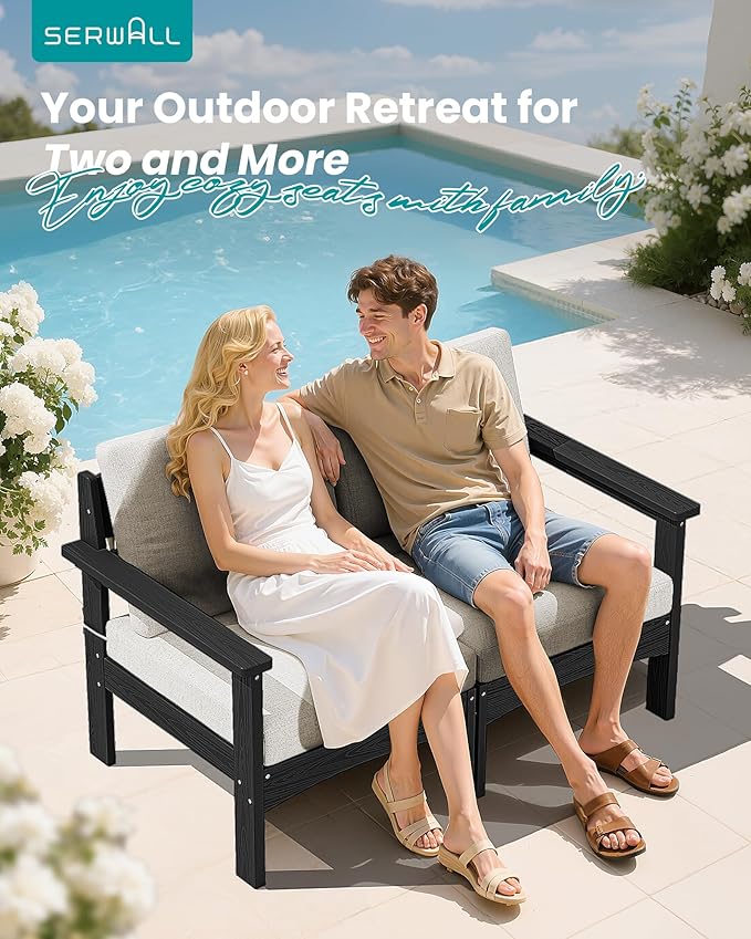SERWALL HDPE Patio Loveseat Sofa, 2 Pieces Single Sofa, Weather-Resistant Outdoor Furniture Chair with Thick Removable Cushion, Balcony, Garden, Backyard, Poolside, Black Frame with Khaki Cushion