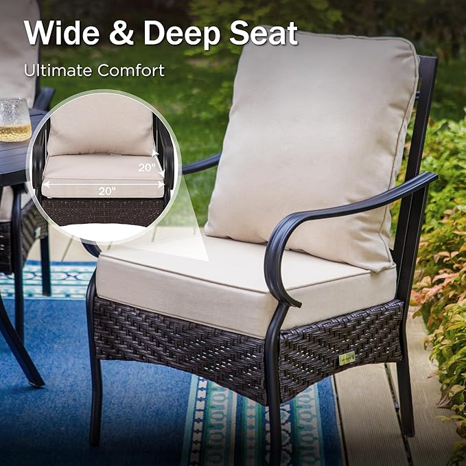 PHI VILLA Patio Chairs Set of 6, Heavy Duty Outdoor Metal Wicker Dining Chair with Thick Cushions, Large All Weather Wrought Iron Deck Chair for Outisde, Porch Backyard, Support 300lbs