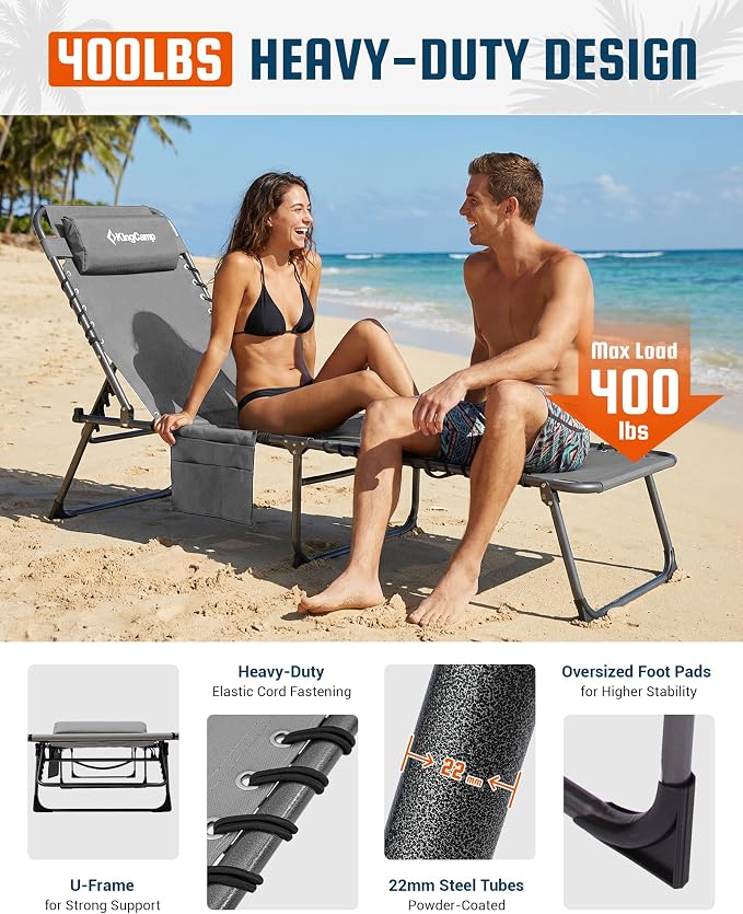 KingCamp Lounge Chair Outdoor,400LBS Tanning Chairs for Outside,Adjustable 5-Position Patio Lounge Chair Sunbathing Chase Lounge Chair Outdoor for Outside Beach Patio Sun Bathing Pool Backyard